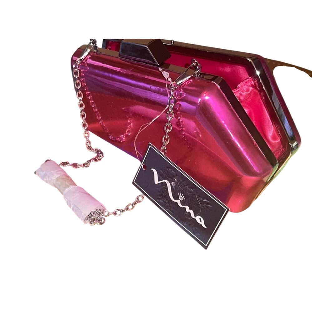 Nina Mirror Metallic Fuchsia Clutch Prom Wedding Minaudiere Chain SS26 glam NWT
